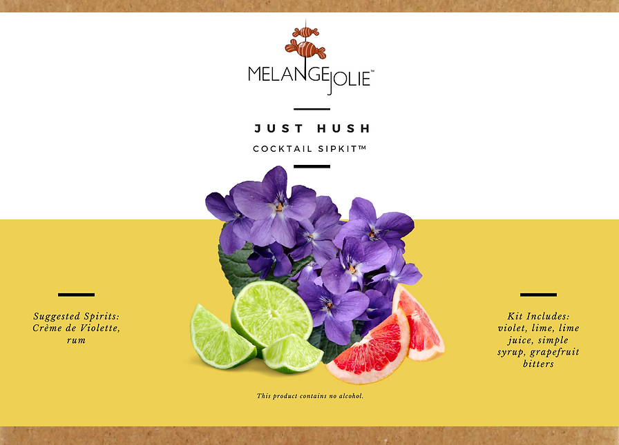 Mélange Jolie Just Hush Cocktail SipKit™ featuring a coupe glass, bar spoon, edible violets, and cocktail ingredients.